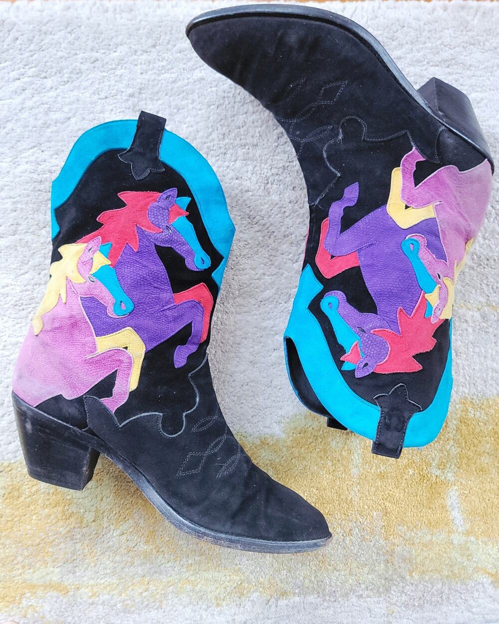 Beverly Feldman Rainbow Ponies Suede Cowboy Boots US 10